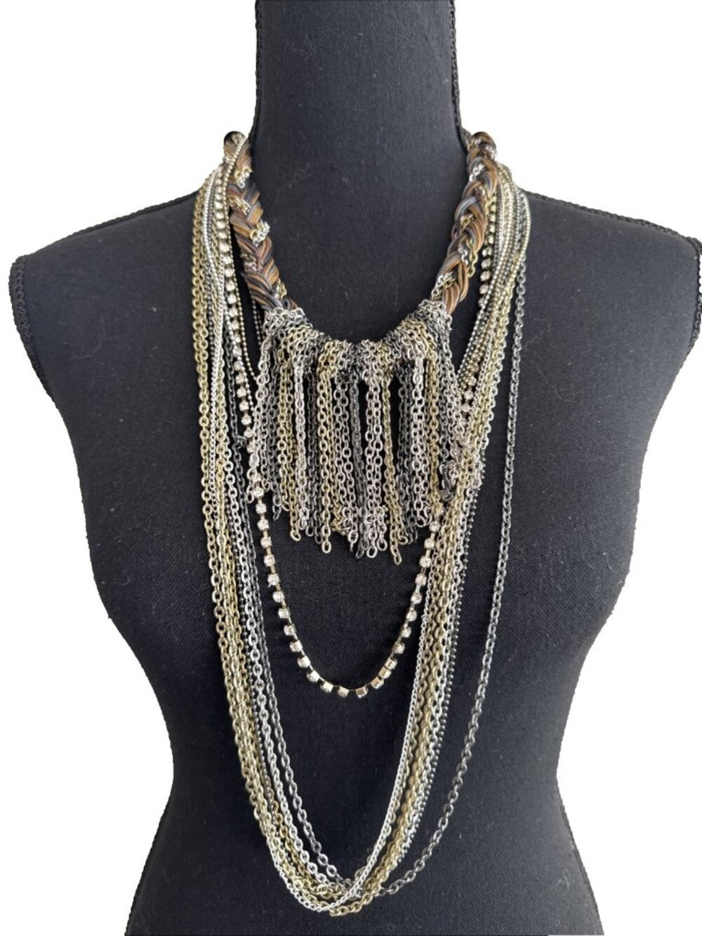 AND LOVELY Multi Chain Long Braided Bohmenian Statement Necklace 36" CZ NEW